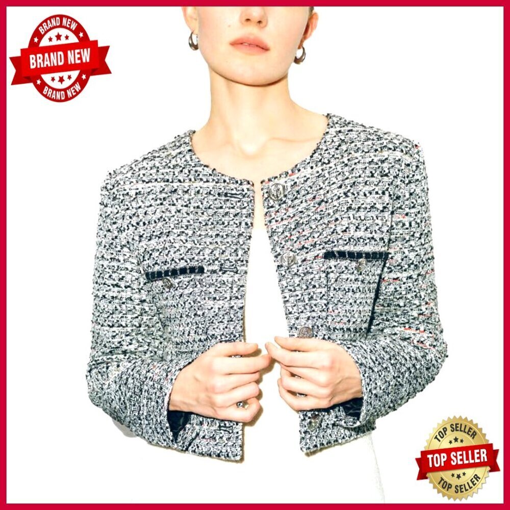 Long Sleeve Cropped Tweed Blazer Slim Fit with Pockets Work Office